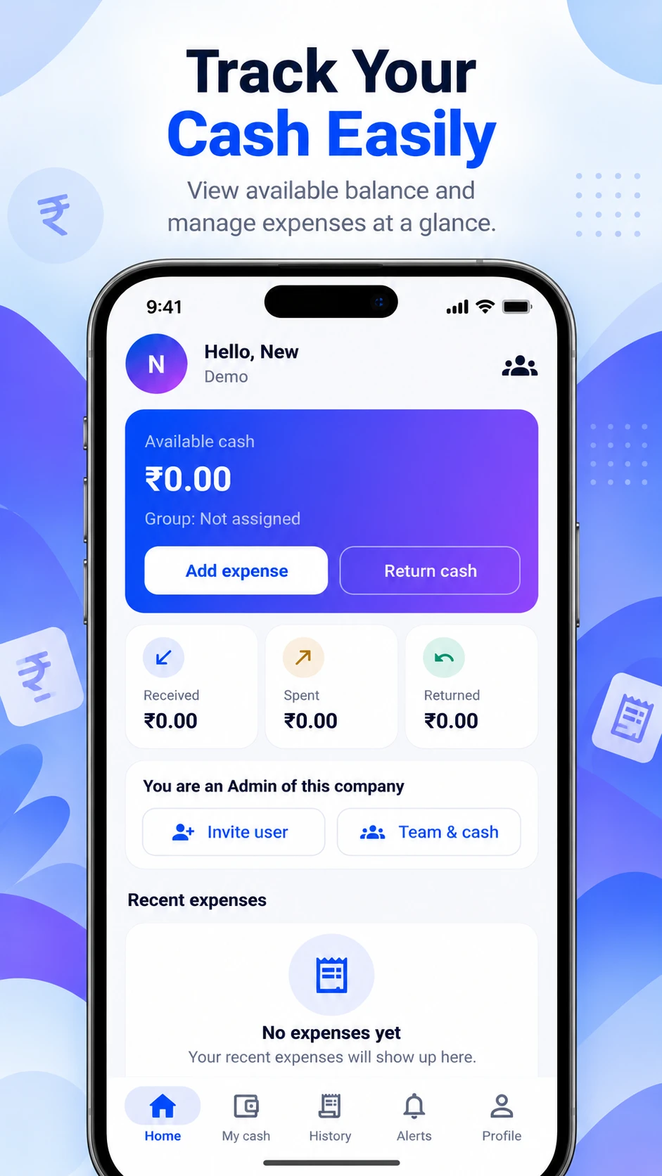 CashPilot home screen showing available cash, received, spent and returned