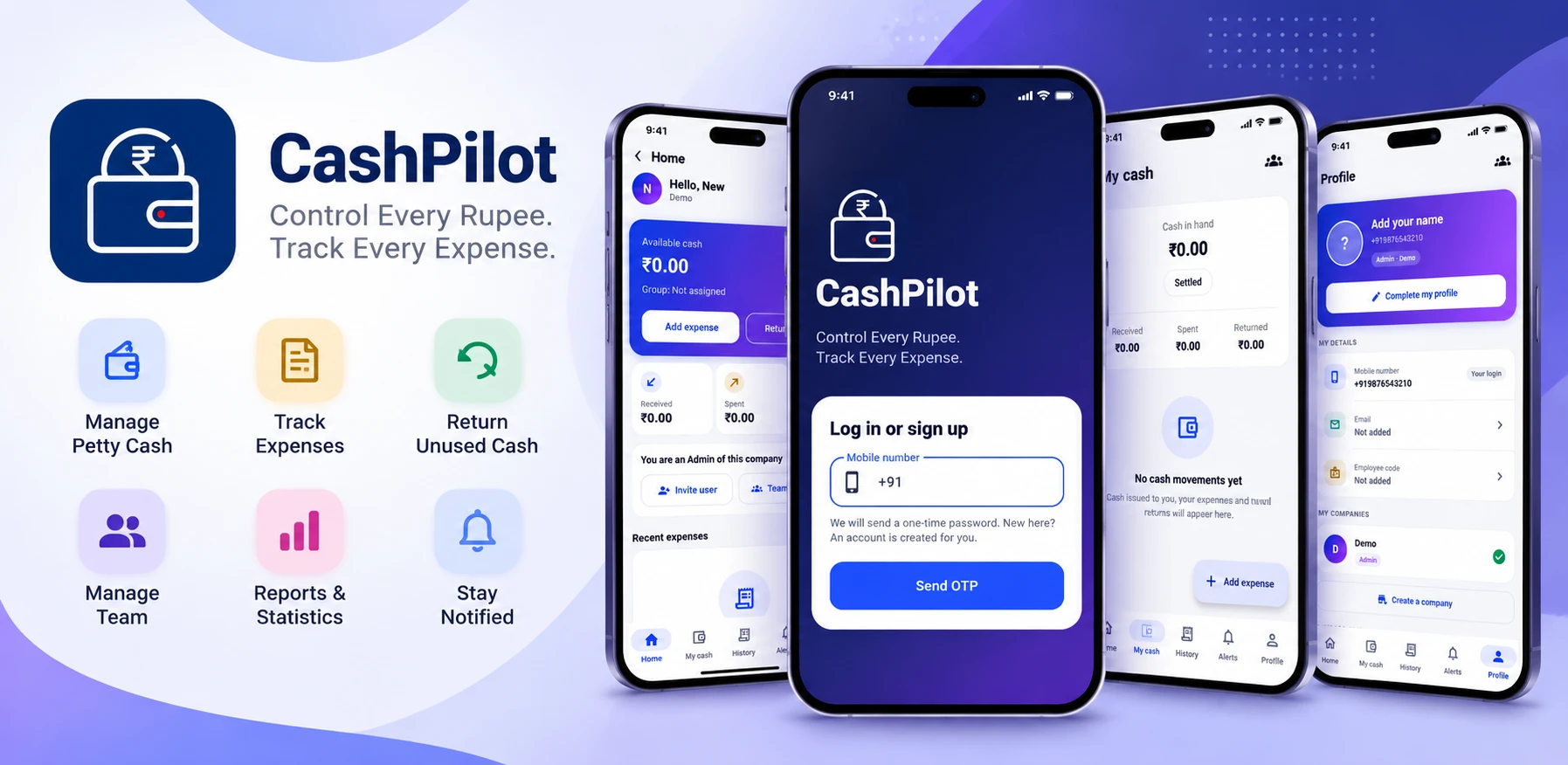 The CashPilot app on a phone: login, home, my cash and profile screens